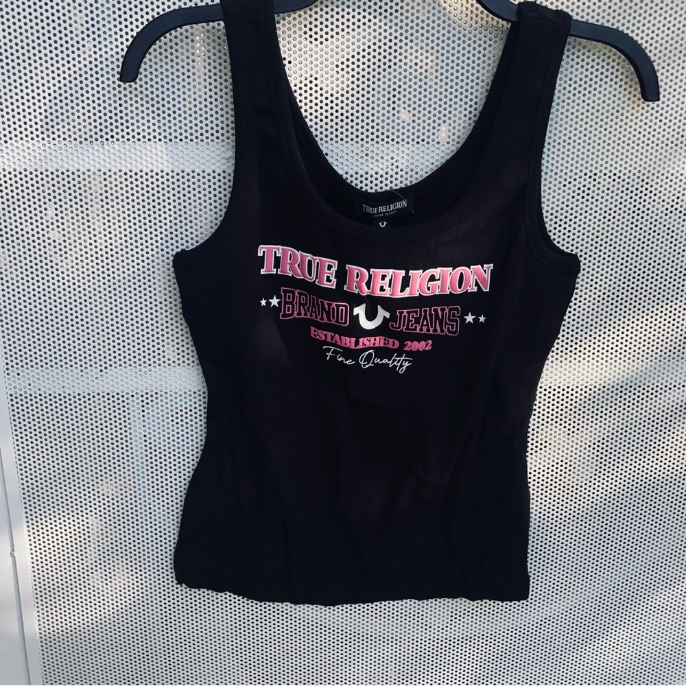 True Religion Black Tank with Pink Logo Graphic
